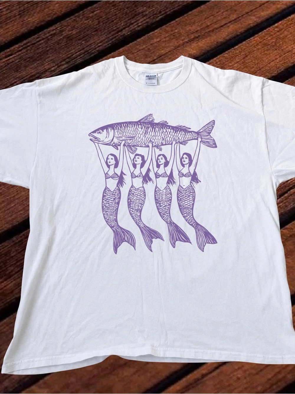 Gildan White Tee with Purple Mermaid Holding Fish Graphic